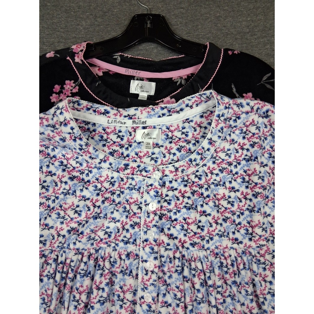 Lot 2 Aria Collection Nightgown 2X White Black Floral Velour Grannie Cottage